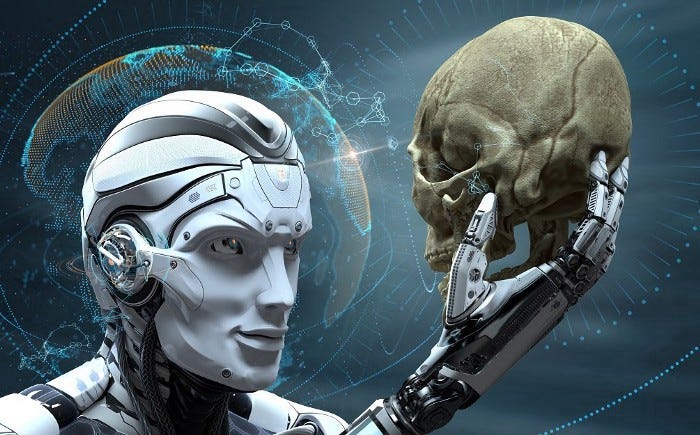 Futuristic robot examining a human skull, symbolizing artificial intelligence and the philosophical question of humanity and technology.