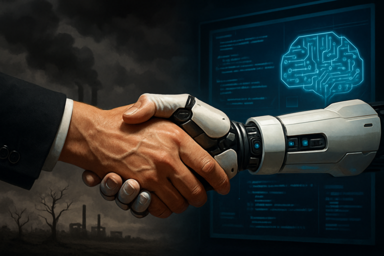 Human and robotic hand handshake symbolizing AI collaboration, with a split background showing pollution and deforestation on one side and futuristic AI technology on the other.
